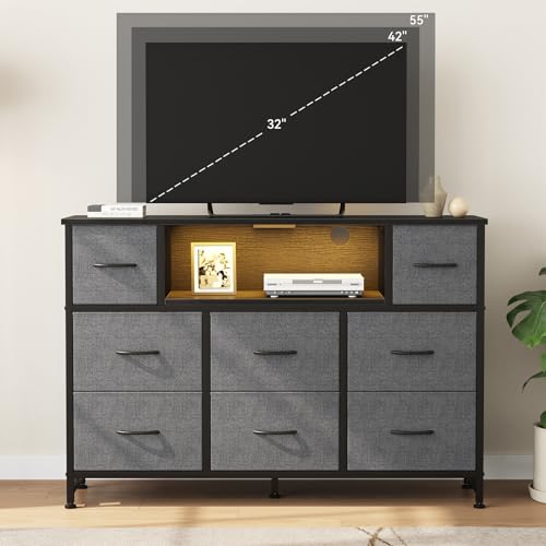 Image of DUMOS TV Stand Dresser with 8 Fabric Drawers and Open Shelves, LED Entertainment Center with Charging Station, Wood Top Media Console for 45-55 inch, Bedroom, Grey