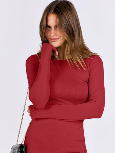 Image of ANRABESS Women Long Sleeve Shirts Rib Knit Slim Fit Tops Basic Tee Spring Outfits Casual T-Shirt Underscrubs Layer Clothes