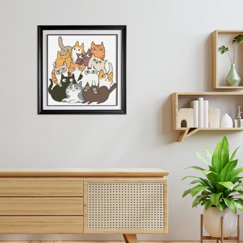 Image of FREEBLOSS 11CT Cross Stitch Kits 13 Cats Pattern Stamped Cross Stitch Wall Painting Craft Kit Full Range of Embroidery Starter Kits for Adult Beginners with Instruction 17.7 x 17.7