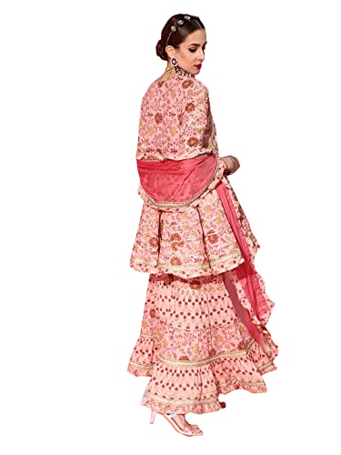 Image of ishin Women's Cotton Peach Embroidered Anarkali Peplum Kurta set With Sharara And Dupatta