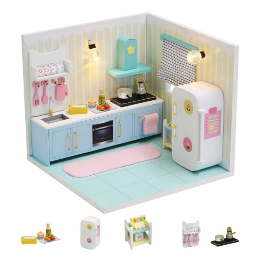 Kisoy Dollhouse Miniature with Furniture Kit, DIY 3D Wooden DIY House Kit A Corner of a Small Apartment Style with Dust Cover & LED,Handmade Tiny House Toys for Kids Adults Gift (Kitchen)