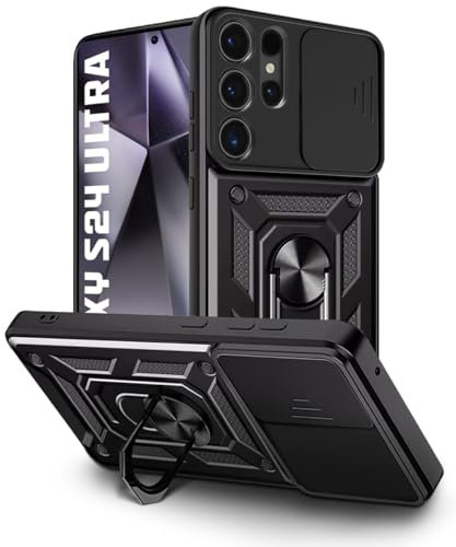 Image of WOW IMAGINE Tough Armor Bumper Mobile Back Case for Samsung Galaxy S24 Ultra 5G | Sliding Camera Cover | Shock Proof 360 Protection | Hybrid PC + TPU | Ring Holder with Kickstand - Black