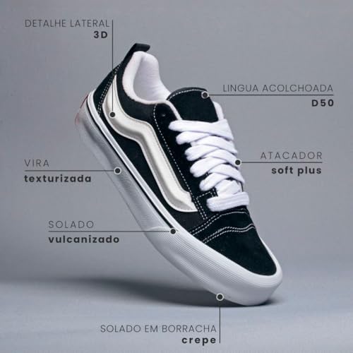 Tênis Casual Knu Unissex Cano Baixo Skate Masculino e Feminino Tradicional Preto/Branco (Preto/Branc