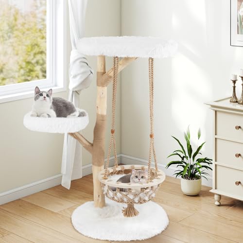Árbol para gato de madera sólida Tangkula 48.5 pulg natural y blanco miniatura 3