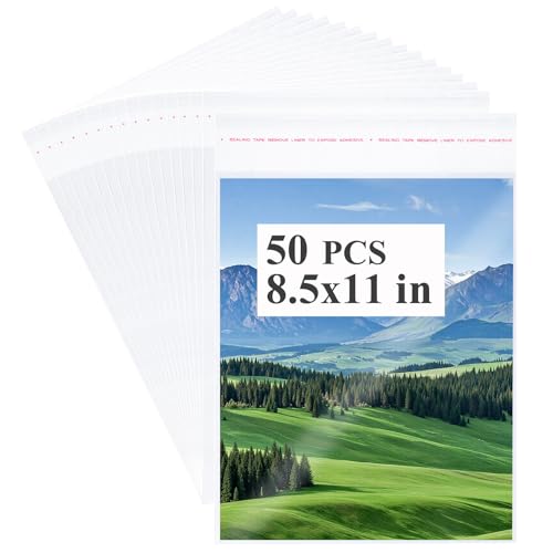 Miraclekoo 50 Pcs Resealable Magazine Bags Clear Plastic Sleeves for 8.5x11 Inch Paper Comic Book Art Prints (Bag Size:8.75x11.06 inch)