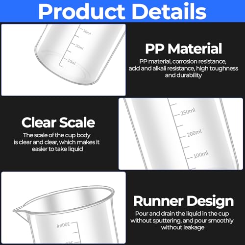 Foto von Okeno Select 7 Stück Messbecher Set, ML Messbecher 30ml 50ml 100ml 150ml 250ml 500ml, Meßbecher, Präzisions Hitzebeständig Kunststoff Klein Measuring Cup mit Skala für Labor Küche Waschmittel Dosierer