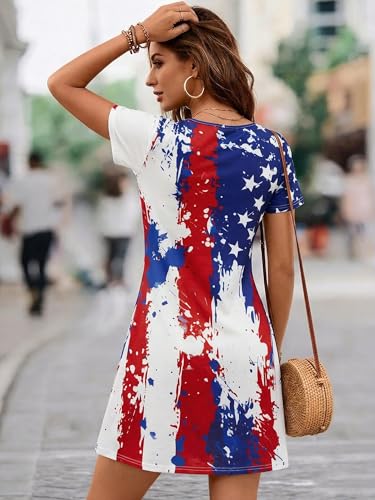 Image of MYHALF 4th of July Patriotic Dress for Women - American Flag V Neck T Shirt Dress Red White and Blue Summer Dresses