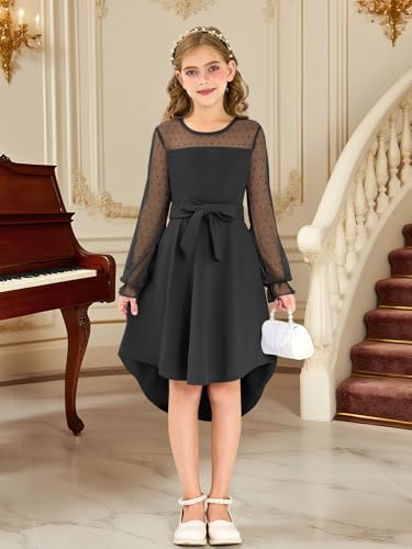 Girls Dresses Puff Long Sleeve Mesh A Line Casual Formal Party Dresses Belted Dress with Pockets 5-14 Years3