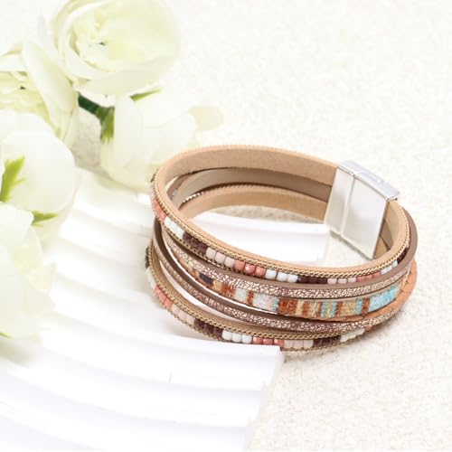Bracelets for Women, 2Pcs Leather Wrap Layer Bracelets Boho Rustic Multi-Layer Braided Bracelet Stack Bracelet for Women4
