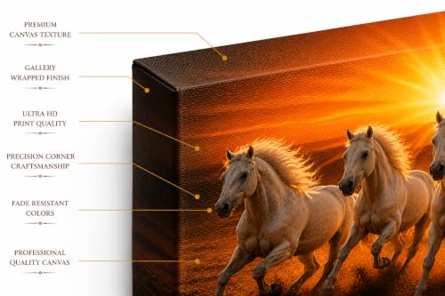 Image of 7 Horse Vastu Sunrise Canvas Painting | Positive Energy Wall Decor | Big Size Premium Running Horses Artwork for Home, Office & Hall Decoration (Modern, Sun White Horse, 44x20 Inch)