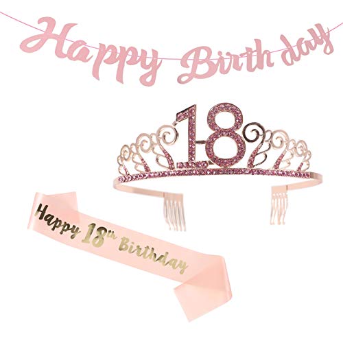 Amosfun 3 peças de presente de aniversário de 18 anos para meninas e tiara de aniversário de 18 anos