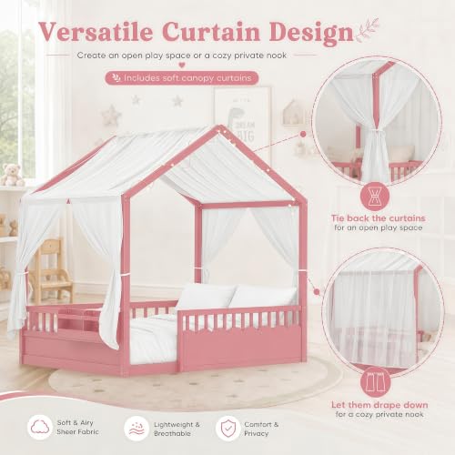 Image of Bellemave Twin House BedFrame with Canopy, Montessori House Bed with LED and Bookshelf and Rails for Kids, Pink