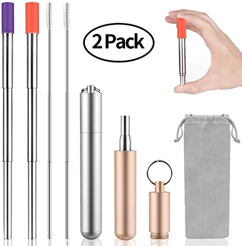 2 Pack Reusable Telescopic Drinking Straws With Metal Case & Folding Brush ,HabiLife Portable Stainless Steel Travel Straws, Silicone Tips,1 Grey Velvet Bag