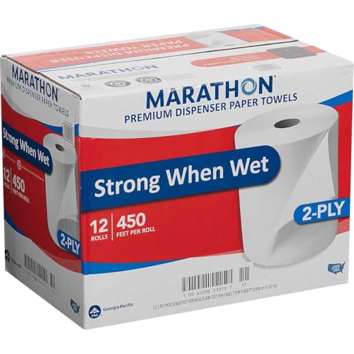 Marathon Dispenser Roll Towels, 12 Count, Non-Perforated, 2-Ply White Paper Towels