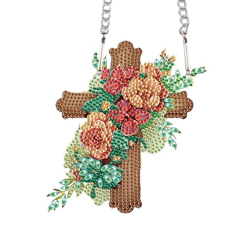 Image of 5D DIY Acrylic Cross Diamond Painting Pendant Kit, Floral Special Shaped Rhinestones Hanging Ornament, Diamond Art Hanging for Adults, Decorative Window, Wall or Door, Handmade Home and Holiday Gift
