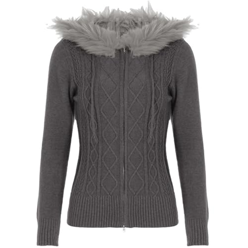 Monkay Zipper Cardigan Sweaters for Women, Long Sleeve Cable Knit Crop Tops Jackets with Fur Hooded Trim, Retro Y2k Chic