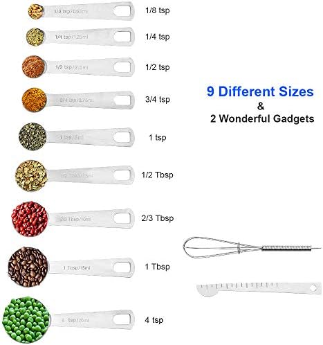 Measuring Spoons Stainless Steel, Set of 11, Includes 9 Stainless Steel Measuring Spoons, Leveler and Whisk, Teaspoon Tablespoon Set for Measuring