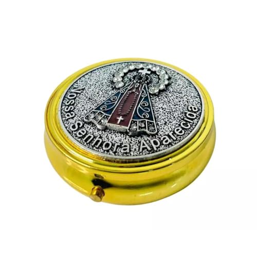 Porta Terço Nossa Senhora Aparecida, Estojo para Terço Dourado, 6,3 cm, Metal