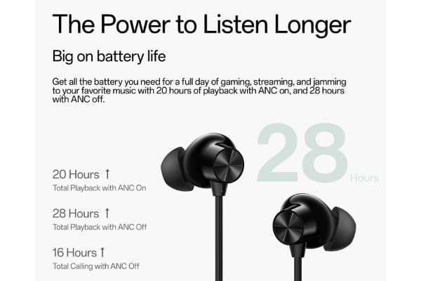 Image of 1+ Wireless Bluetooth Neckband Earphones, Black, with ANC, Magnetic On /Off, 28 Hours Playback