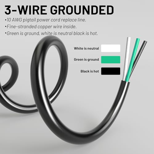 Vockjour 10 ft 10/3 Appliance and Power Tool Cord, 10 AWG 3 Prong Black Heavy Duty Replacement Power Cord with Open End, NEMA 5-15P, 125V AC Pigtail, 15A 1875W, ETL Listed by Vockjour - Image 4
