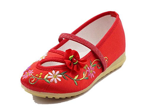 Tianrui Crown Children Girl's Embroidery Mary-Jane Shoes Kid's Cute Flat Dance Shoe Red