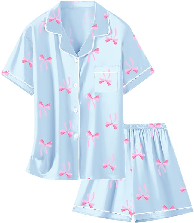 Image of Schbbbta Girls Womens Pajamas, Satin Silky Pjs Set Kids 2Pcs Button-Down Nightwear Sleepwear Gift for Mommy and me