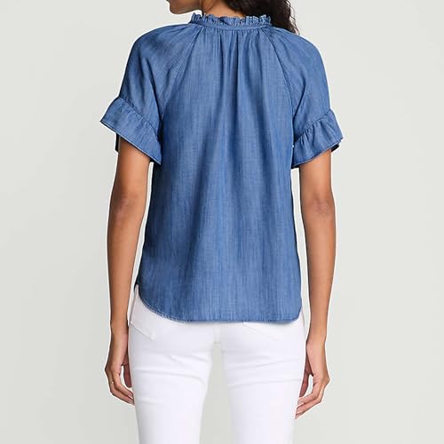 Womens Short Sleeve Ruffle Blouse V Neckline Ruffled Collar Shirt Casual Blue Top3