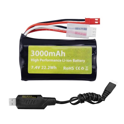 Batería 7.4V 3000mAh 15C 2S Li-Ion Con JST-2P Y Cable USB, Compatible Con UDIRC UD1601 Y Otros Coches RC 1/10, 1/12, 1/16