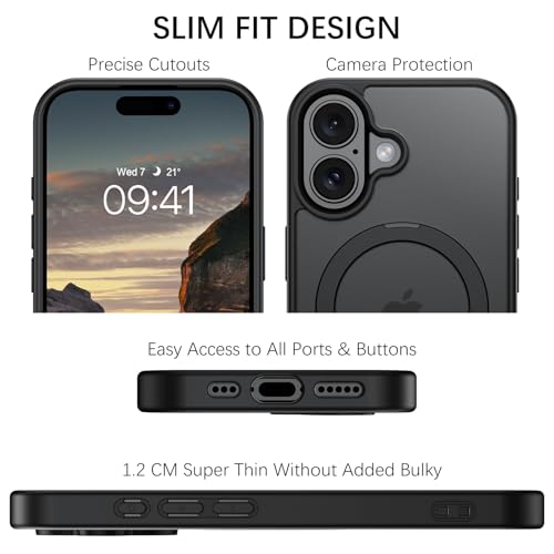 Image of DOMAVER Magnetic for iPhone 17 Case [Compatible with MagSafe] with Ring Holder Stand, Matte Translucent Slim Shockproof Protective Phone Case for iPhone 17 Pro 6.3 Inch, Black