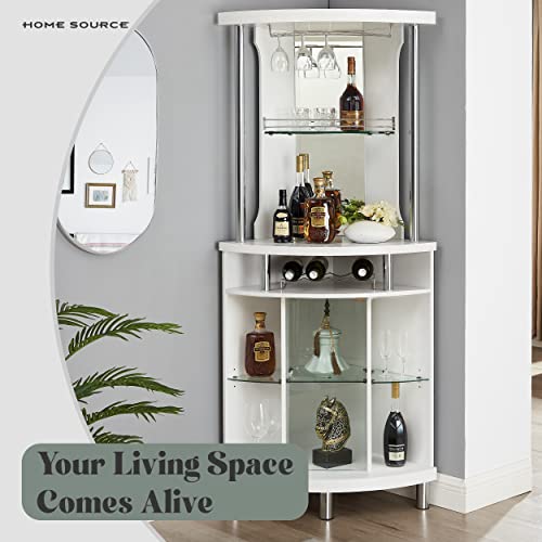 Home Source White Corner Bar Cart 72" Built-In Wine Rack, And Lower Glass Cabinet, Living Room, Home Office, Kitchen, Small Space #TOP3