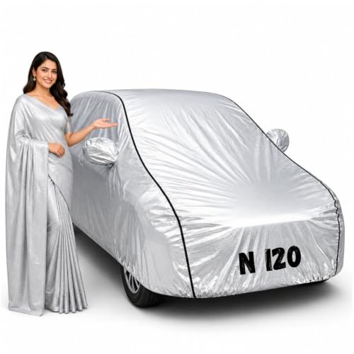 Image of Waterproof Car Body Cover for N i20 All Weather Protection Comes with Inner Cotton Lining & Triple Stitched with Mirror & Antenna Pocket Belt & Elastic Fit Metallic Silver with Black Piping1