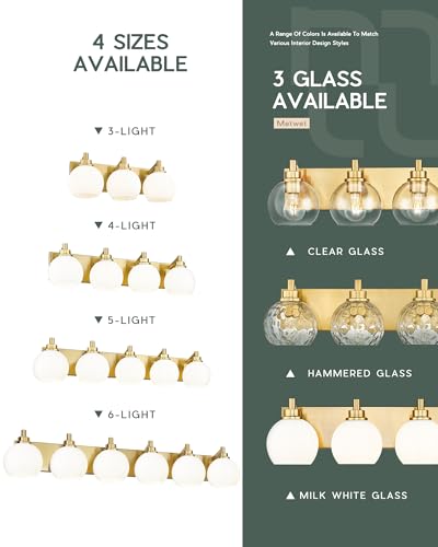 Image of Bathroom Light Fixtures, 3-Light Brushed Gold Vanity Light, Modern Wall Sconces with Milk White Globe Glass Shade, Vanity Lighting Fixtures Over Mirror, VL195-BG-ML-3