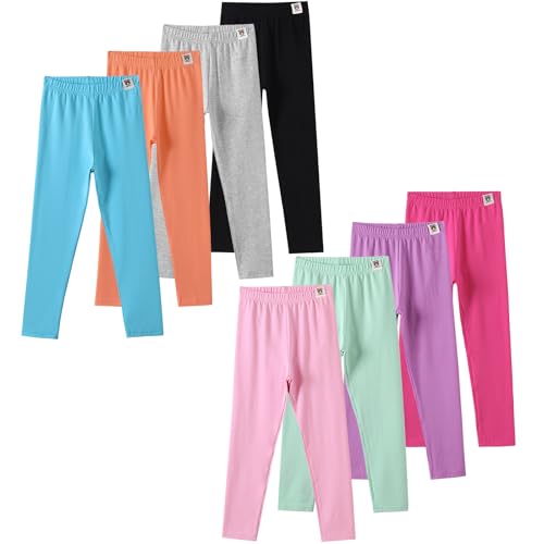 8 Pack Girls Cotton Leggings Yoga Pants for Girls Full Length Stretchy Pants Toddler Girl Solid Basic Leggings