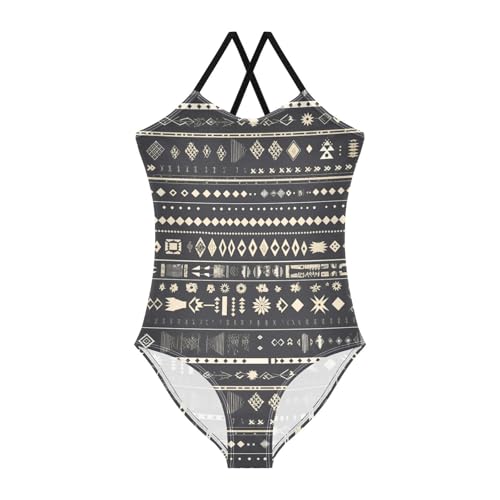 KLL Seamless Ethnic and Tribal Pattern Girls' 1 Piece Bathing Suit Summer Swimming Suits with Adjustable Straps Quick-Dry