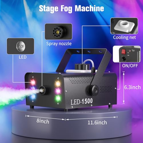 Máquina de humo para niebla de 1500 W con 6 luces LED coloridas para uso interior y exterior, 6000 CFM con control remoto inalámbrico para efectos en bodas, navidad, escenarios, DJ, discotecas y fiestas miniatura 7