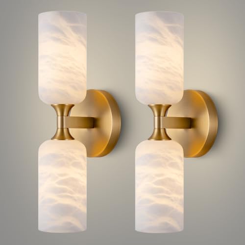 CEENWE Alabaster Wall Sconce Set of 2, 14in Modern Brass