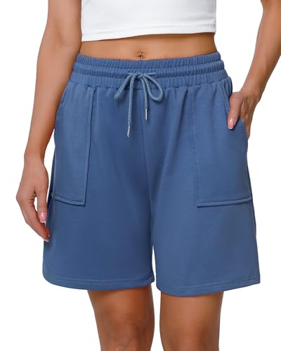 Cowasto Womens Cotton Sweat Shorts Casual Summer Loose Athletic Short Drawstring Waist Lounge Running Shorts with Pockets Blue2