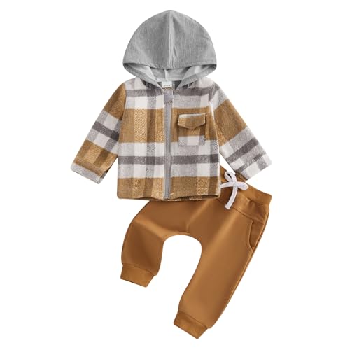 Image of Douhoow Toddler Boy Fall Outfits Baby Plaid Hoodie Sweatshirt Tops Pocket Sweatpants Baby Boy Festival Clothes