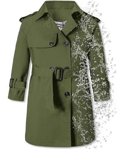 Image of Betusline Boys Waterproof Trench Coat Rain Jackets Double Breasted Lightweight Classic Belted Outwear Jacket Dress Coats, 1# Army Green, 6-7 Years = Tag 130