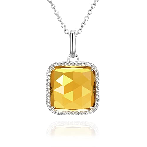 Jupiter Citrine Gemstone Pendant Necklace, Rhodium Plated 13MM Natural Gemsto...