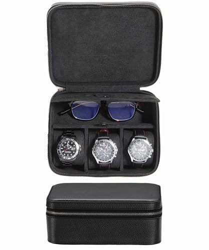 SYENS Caja de cuero auténtico para hombre, estuche de viaje con compartimento para gafas, bolsa de transporte de cuero genuino granulado para 3 relojes, rollo de viaje, cremallera (negro)