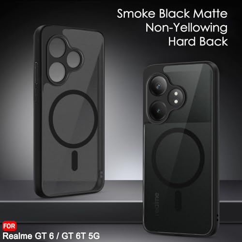 Image of TheGiftKart Hybrid Shockproof Back Cover Case for Realme GT 6 / GT 6T 5G Compatible with MagSafe | Hard Back Cover Case for Realme GT 6 / GT 6T (PC & TPU, Translucent Smoke Matte Back, Black Sides)