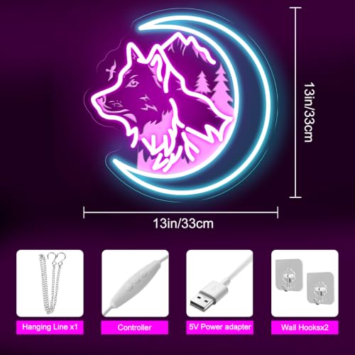 Image of Wolf And Moon Neon Sign Wolf Lovers GIft Wild Animal LED Light | Ainmal Lover Room Decor USB Powered Dimmable Home Wall Decoration 13 inchx13 inch