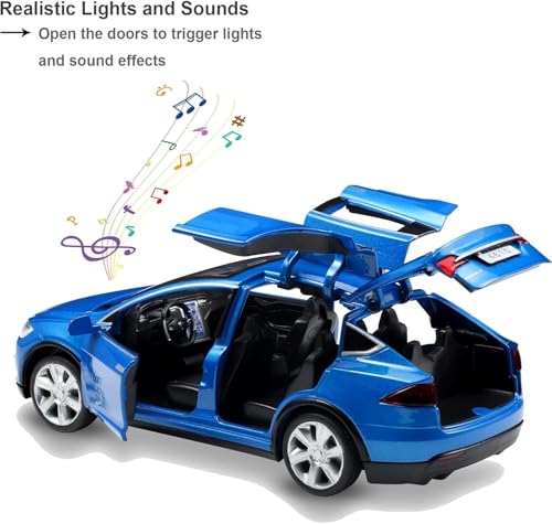Image of 1:32 Tesla Model X Toy Car with Pull-Back Action Lights, Sound and openable Doors.Durable diecast Model for Kids Aged 3-12 offering Hours of Fun and Realistic Play (Blue)