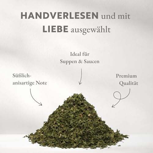Foto von Boomers Gourmet - Kerbel gerebelt - Gewürz aus besten Blättern - getrocknet für feine Kräutergerichte, Grüne Soße, Salate, Suppen - Nachfüllpack - 15 g