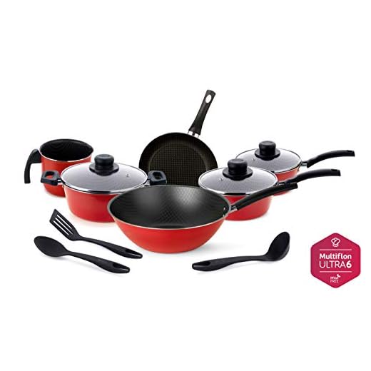 Jogo de Panelas Antiaderente 9 peças com Frigideira Wok e utensílios vermelho Mutiflon