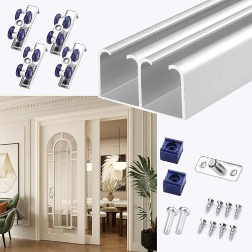 HWLL Kit Puerta Corredera Unidad de Sistema de Riel Doble para Puerta Corrediza Bypass, Kit de Herrajes para Puertas de Granero de Dos Puertas, Mecanismo de Reemplazo(Silver,150cm(59.1in))