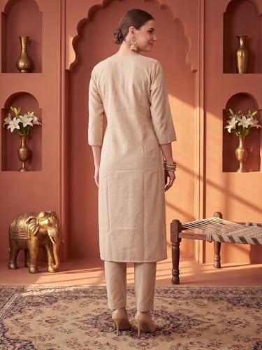 Image of INDO ERA Women's Cotton Blend Solid Straight Kurta Palazzo With Dupatta Set