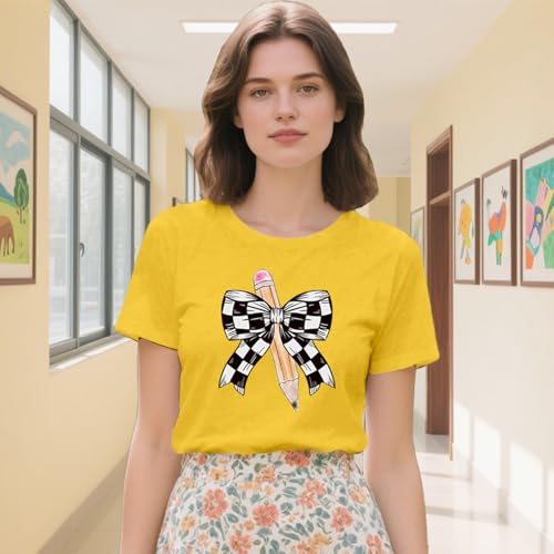 Teacher Shirts for Women Bow Pencil Teacher T-Shirt Apple Teaching Tee Tops2
