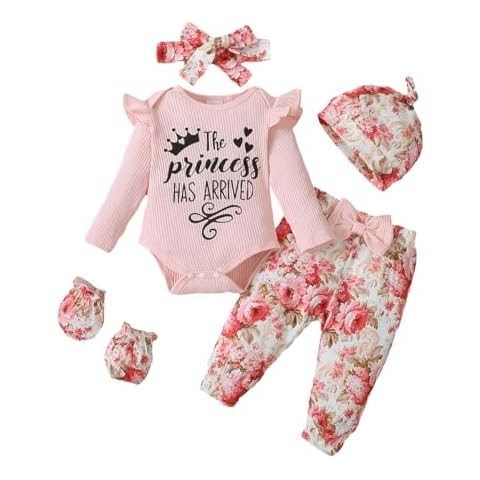 UUAISSO Ensemble de vêtements Princesse Bébé Fille Haut à Manches Longues Volants Avec Lettres Imprimées Pantalon Floral et Chapeau Tenues Bébé Rose 0-3 mois Cover